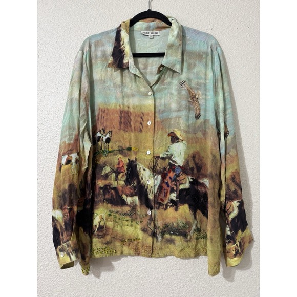 Nicole Taylor Tops - Vintage 90s Nicole Taylor 3X Plus Art to Wear Silk Beaded Cowboy Western Blouse